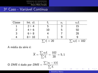 MEDIDAS DE DISPERS˜AO
C´alculo da Amplitude Total
Desvio M´edio Simples
3o
Caso - Vari´avel Cont´ınua
Classe Int. cl. fi xi xi fi
1 2 4 5 3 15
2 4 6 10 5 50
3 6 8 4 7 28
4 8 10 1 9 9
fi = 20 xi fi = 102
A m´edia da s´erie ´e:
X =
xi fi
fi
=
102
20
= 5, 1
O DMS ´e dado por DMS =
|xi − x|fi
fi
Estat´ıtica B´asica
 