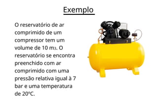 Exemplo
O reservatório de ar
comprimido de um
compressor tem um
volume de 10 m3. O
reservatório se encontra
preenchido com ar
comprimido com uma
pressão relativa igual à 7
bar e uma temperatura
de 20ºC.
 
