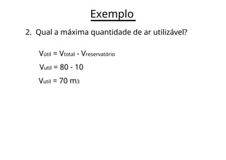 Exemplo
2. Qual a máxima quantidade de ar utilizável?
Vútil = Vtotal - Vreservatório
Vutil = 80 - 10
Vutil = 70 m3
 