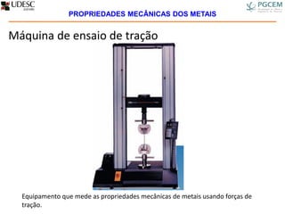 Máquina de ensaio de tração
Equipamento que mede as propriedades mecânicas de metais usando forças de
tração.
PROPRIEDADES MECÂNICAS DOS METAIS
 