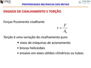 ENSAIOS DE CISALHAMENTO E TORÇÃO
Forças Puramente cisalhante
Torção é uma variação do cisalhamento puro
• eixos de máquinas de acionamento
• brocas helicoidais
• ensaios em eixos sólidos cilíndricos ou tubos.
0A
F

PROPRIEDADES MECÂNICAS DOS METAIS
 