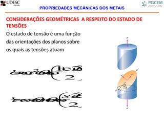 CONSIDERAÇÕES GEOMÉTRICAS A RESPEITO DO ESTADO DE
TENSÕES
O estado de tensão é uma função
das orientações dos planos sobre
os quais as tensões atuam







2
2cos1
cos' 2 







2
2
cos'
 sen
sen
PROPRIEDADES MECÂNICAS DOS METAIS
 