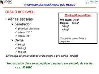 ENSAIO ROCKWELL
• Várias escalas
 penetrador
 piramidal diamante
 esfera 1/16 ”
 esfera 1/8 ”
 Carga
 60 kgf
 100 kgf
 150 kgf
Diferença de profundidade entre carga e pré carga (10 kgf)
* No resultado deve se especificar o número e o símbolo da escala
• ex.: 50 HRC
Rockwell superficial
Pré carga: 3 kgf
Cargas: 15 kgf
30 kgf
45 kgf
Corpos de prova finos e
delgados
PROPRIEDADES MECÂNICAS DOS METAIS
 