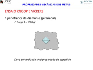 ENSAIO KNOOP E VICKERS
• penetrador de diamante (piramidal)
 Carga 1 – 1000 gf
Deve ser realizada uma preparação da superfície
PROPRIEDADES MECÂNICAS DOS METAIS
 