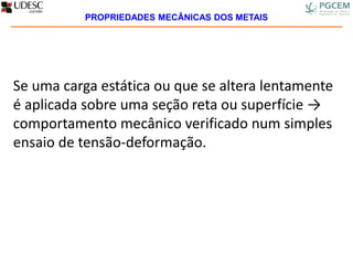Se uma carga estática ou que se altera lentamente
é aplicada sobre uma seção reta ou superfície →
comportamento mecânico verificado num simples
ensaio de tensão-deformação.
PROPRIEDADES MECÂNICAS DOS METAIS
 