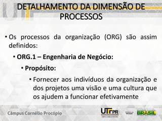 DETALHAMENTO DA DIMENSÃO DE
PROCESSOS
• Os processos da organização (ORG) são assim
definidos:
• ORG.1 – Engenharia de Negócio:
• Propósito:
• Fornecer aos indivíduos da organização e
dos projetos uma visão e uma cultura que
os ajudem a funcionar efetivamente
 