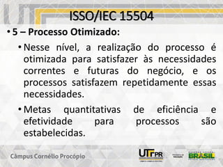 ISSO/IEC 15504
• 5 – Processo Otimizado:
• Nesse nível, a realização do processo é
otimizada para satisfazer às necessidades
correntes e futuras do negócio, e os
processos satisfazem repetidamente essas
necessidades.
• Metas quantitativas de eficiência e
efetividade para processos são
estabelecidas.
 