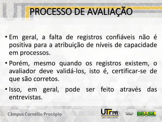 PROCESSO DE AVALIAÇÃO
• Em geral, a falta de registros confiáveis não é
positiva para a atribuição de níveis de capacidade
em processos.
• Porém, mesmo quando os registros existem, o
avaliador deve validá-los, isto é, certificar-se de
que são corretos.
• Isso, em geral, pode ser feito através das
entrevistas.
 