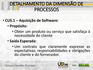 DETALHAMENTO DA DIMENSÃO DE
PROCESSOS
• CUS.1 – Aquisição de Software:
• Propósito:
• Obter um produto ou serviço que satisfaça à
necessidade do cliente
• Saída Esperada:
• Um contrato que claramente expresse as
expectativas, responsabilidades e obrigações
do cliente e do fornecedor.
 