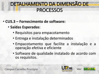 DETALHAMENTO DA DIMENSÃO DE
PROCESSOS
• CUS.3 – Fornecimento de software:
• Saídas Esperadas:
• Requisitos para empacotamento
• Entrega e instalação determinados
• Empacotamento que facilite a instalação e a
operação efetiva e eficiente
• Software de qualidade instalado de acordo com
os requisitos.
 