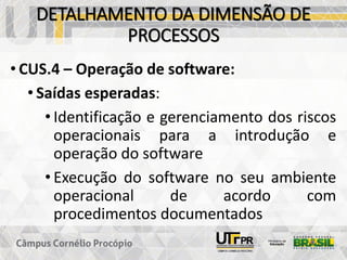 DETALHAMENTO DA DIMENSÃO DE
PROCESSOS
• CUS.4 – Operação de software:
• Saídas esperadas:
• Identificação e gerenciamento dos riscos
operacionais para a introdução e
operação do software
• Execução do software no seu ambiente
operacional de acordo com
procedimentos documentados
 