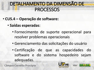 DETALHAMENTO DA DIMENSÃO DE
PROCESSOS
• CUS.4 – Operação de software:
• Saídas esperadas:
• Fornecimento de suporte operacional para
resolver problemas operacionais
• Gerenciamento das solicitações do usuário
• Certificação de que as capacidades do
software e do sistema hospedeiro sejam
adequadas.
 