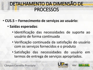 DETALHAMENTO DA DIMENSÃO DE
PROCESSOS
• CUS.5 – Fornecimento de serviços ao usuário:
• Saídas esperadas:
• Identificação das necessidades de suporte ao
usuário de forma continuada
• Verificação continuada da satisfação do usuário
com os serviços fornecidos e o produto
• Satisfação das necessidades do usuário em
termos de entrega de serviços apropriados.
 