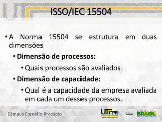 ISSO/IEC 15504
• A Norma 15504 se estrutura em duas
dimensões
• Dimensão de processos:
• Quais processos são avaliados.
• Dimensão de capacidade:
• Qual é a capacidade da empresa avaliada
em cada um desses processos.
 