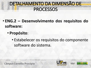 DETALHAMENTO DA DIMENSÃO DE
PROCESSOS
• ENG.2 – Desenvolvimento dos requisitos do
software:
• Propósito:
• Estabelecer os requisitos do componente
software do sistema.
 