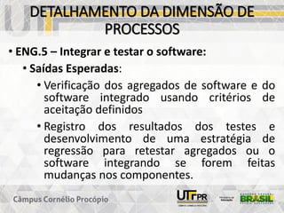 DETALHAMENTO DA DIMENSÃO DE
PROCESSOS
• ENG.5 – Integrar e testar o software:
• Saídas Esperadas:
• Verificação dos agregados de software e do
software integrado usando critérios de
aceitação definidos
• Registro dos resultados dos testes e
desenvolvimento de uma estratégia de
regressão para retestar agregados ou o
software integrando se forem feitas
mudanças nos componentes.
 