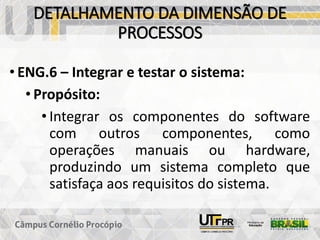 DETALHAMENTO DA DIMENSÃO DE
PROCESSOS
• ENG.6 – Integrar e testar o sistema:
• Propósito:
• Integrar os componentes do software
com outros componentes, como
operações manuais ou hardware,
produzindo um sistema completo que
satisfaça aos requisitos do sistema.
 