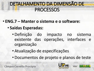 DETALHAMENTO DA DIMENSÃO DE
PROCESSOS
• ENG.7 – Manter o sistema e o software:
• Saídas Esperadas:
• Definição do impacto no sistema
existente das operações, interfaces e
organização
• Atualização de especificações
• Documentos de projeto e planos de teste
 
