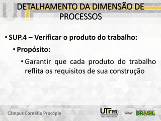 DETALHAMENTO DA DIMENSÃO DE
PROCESSOS
• SUP.4 – Verificar o produto do trabalho:
• Propósito:
• Garantir que cada produto do trabalho
reflita os requisitos de sua construção
 