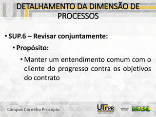 DETALHAMENTO DA DIMENSÃO DE
PROCESSOS
• SUP.6 – Revisar conjuntamente:
• Propósito:
• Manter um entendimento comum com o
cliente do progresso contra os objetivos
do contrato
 