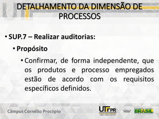 DETALHAMENTO DA DIMENSÃO DE
PROCESSOS
• SUP.7 – Realizar auditorias:
• Propósito
• Confirmar, de forma independente, que
os produtos e processo empregados
estão de acordo com os requisitos
específicos definidos.
 