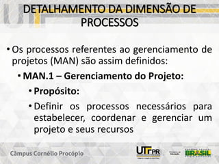 DETALHAMENTO DA DIMENSÃO DE
PROCESSOS
• Os processos referentes ao gerenciamento de
projetos (MAN) são assim definidos:
• MAN.1 – Gerenciamento do Projeto:
• Propósito:
• Definir os processos necessários para
estabelecer, coordenar e gerenciar um
projeto e seus recursos
 
