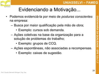 Prof. Claudio Bernardi Stringari, Eng. Esp.
25
UNIASSELVI – FAMEG
ENGENHARIADAQUALIDADE-EPR1.6e1.7
By Kroton
Evidenciando a Motivação...
• Podemos evidenciá-la por meio de posturas conscientes
na empresa:
– Busca por maior qualificação pela mão de obra;
• Exemplo: cursos sob demanda.
– Ações coletivas na base da organização para a
solução de problemas do trabalho;
• Exemplo: grupos de CCQ.
– Ações espontâneas, não associadas a recompensas.
• Exemplo: caixas de sugestão.
 