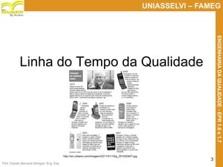 Prof. Claudio Bernardi Stringari, Eng. Esp.
3
UNIASSELVI – FAMEG
ENGENHARIADAQUALIDADE-EPR1.6e1.7
By Kroton
Linha do Tempo da Qualidade
http://src.odiario.com/Imagem/2011/01/19/g_201630407.jpg
 