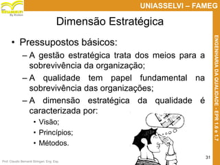 Prof. Claudio Bernardi Stringari, Eng. Esp.
31
UNIASSELVI – FAMEG
ENGENHARIADAQUALIDADE-EPR1.6e1.7
By Kroton
Dimensão Estratégica
• Pressupostos básicos:
– A gestão estratégica trata dos meios para a
sobrevivência da organização;
– A qualidade tem papel fundamental na
sobrevivência das organizações;
– A dimensão estratégica da qualidade é
caracterizada por:
• Visão;
• Princípios;
• Métodos.
 