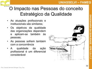 Prof. Claudio Bernardi Stringari, Eng. Esp.
32
UNIASSELVI – FAMEG
ENGENHARIADAQUALIDADE-EPR1.6e1.7
By Kroton
O Impacto nas Pessoas do conceito
Estratégico da Qualidade
• As atuações profissionais e
institucionais são similares;
• Os objetivos da qualidade
das organizações dependem
e aplicam-se também às
pessoas;
• As pessoas sofrem também
com a concorrência
• A qualidade da ação
profissional é um diferencial
considerável
 
