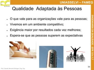 Prof. Claudio Bernardi Stringari, Eng. Esp.
33
UNIASSELVI – FAMEG
ENGENHARIADAQUALIDADE-EPR1.6e1.7
By Kroton
Qualidade Adaptada às Pessoas
● O que vale para as organizações vale para as pessoas;
● Vivemos em um ambiente competitivo;
● Exigência maior por resultados cada vez melhores;
● Espera-se que as pessoas superem as expectativas
33
 