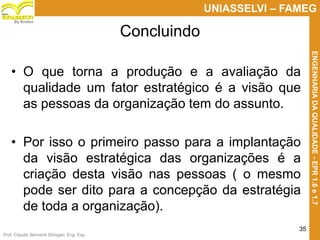Prof. Claudio Bernardi Stringari, Eng. Esp.
35
UNIASSELVI – FAMEG
ENGENHARIADAQUALIDADE-EPR1.6e1.7
By Kroton
Concluindo
• O que torna a produção e a avaliação da
qualidade um fator estratégico é a visão que
as pessoas da organização tem do assunto.
• Por isso o primeiro passo para a implantação
da visão estratégica das organizações é a
criação desta visão nas pessoas ( o mesmo
pode ser dito para a concepção da estratégia
de toda a organização).
 