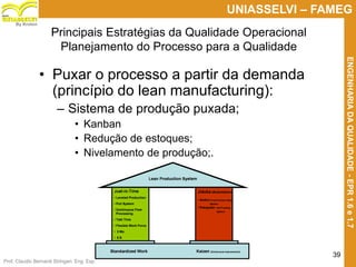 Prof. Claudio Bernardi Stringari, Eng. Esp.
39
UNIASSELVI – FAMEG
ENGENHARIADAQUALIDADE-EPR1.6e1.7
By Kroton
Principais Estratégias da Qualidade Operacional
Planejamento do Processo para a Qualidade
• Puxar o processo a partir da demanda
(princípio do lean manufacturing):
– Sistema de produção puxada;
• Kanban
• Redução de estoques;
• Nivelamento de produção;.
39
 