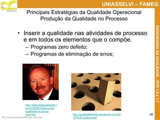 Prof. Claudio Bernardi Stringari, Eng. Esp.
40
UNIASSELVI – FAMEG
ENGENHARIADAQUALIDADE-EPR1.6e1.7
By Kroton
Principais Estratégias da Qualidade Operacional
Produção da Qualidade no Processo
• Inserir a qualidade nas atividades de processo
e em todos os elementos que o compõe.
– Programas zero defeito;
– Programas de eliminação de erros;
40
http://qualidadeonline.wordpress.com/20
10/02/01/poka-yoke/
http://www.totalqualidade.c
om.br/2009/10/gurus-da-
qualidade-os-gurus-
que.html
 
