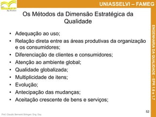 Prof. Claudio Bernardi Stringari, Eng. Esp.
52
UNIASSELVI – FAMEG
ENGENHARIADAQUALIDADE-EPR1.6e1.7
By Kroton
Os Métodos da Dimensão Estratégica da
Qualidade
• Adequação ao uso;
• Relação direta entre as áreas produtivas da organização
e os consumidores;
• Diferenciação de clientes e consumidores;
• Atenção ao ambiente global;
• Qualidade globalizada;
• Multiplicidade de itens;
• Evolução;
• Antecipação das mudanças;
• Aceitação crescente de bens e serviços;
 