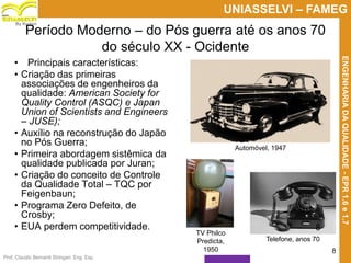 Prof. Claudio Bernardi Stringari, Eng. Esp.
8
UNIASSELVI – FAMEG
ENGENHARIADAQUALIDADE-EPR1.6e1.7
By Kroton
Período Moderno – do Pós guerra até os anos 70
do século XX - Ocidente
• Principais características:
• Criação das primeiras
associações de engenheiros da
qualidade: American Society for
Quality Control (ASQC) e Japan
Union of Scientists and Engineers
– JUSE);
• Auxílio na reconstrução do Japão
no Pós Guerra;
• Primeira abordagem sistêmica da
qualidade publicada por Juran;
• Criação do conceito de Controle
da Qualidade Total – TQC por
Feigenbaun;
• Programa Zero Defeito, de
Crosby;
• EUA perdem competitividade.
Automóvel, 1947
TV Philco
Predicta,
1950
Telefone, anos 70
8
 