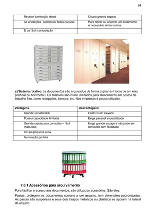 84
c) Sistema rotativo: os documentos são arquivados de forma a girar em torno de um eixo
(vertical ou horizontal). Os rotativos são muito utilizados para atendimento em postos de
trabalho fixo, como recepções, bancos, etc. Nas empresas é pouco utilizado.
7.6.1 Acessórios para arquivamento
Para facilitar o acesso aos documentos, são utilizados acessórios. São eles:
Pastas: protegem os documentos comuns a um assunto, tem dimensões padronizadas.
As pastas são suspensas e seus dois braços metálicos ou plásticos se apoiam na lateral
do arquivo.
Vantagens Desvantagens
Grande versatilidade Custo muito elevado
Possui capacidade ilimitada Exige pessoal especializado
Grande rapidez nas consultas – fácil
manuseio
Exige grande espaço e não pode ser
removido com facilidade
Ocupa pequena área
Iluminação perfeita
Recebe iluminação direta Ocupa grande espaço
As anotações podem ser feitas no local Para retirar ou arquivar um documento
é necessário retirar outros
É de fácil manipulação
 
