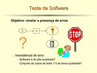 Teste de Software
Ø Inexistência de erro:
Ø Software é de alta qualidade?
Ø Conjunto de casos de teste T é de baixa qualidade?
?
D P
X
T
Objetivo: revelar a presença de erros
 