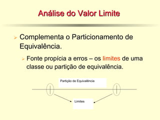 Análise do Valor Limite
Ø Complementa o Particionamento de
Equivalência.
Ø Fonte propícia a erros – os limites de uma
classe ou partição de equivalência.
Partição de Equivalência
Limites
 