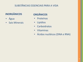 3
INORGÂNICOS ORGÂNICOS
• Água
• Sais Minerais
• Proteínas
• Lipídios
• Carboidratos
• Vitaminas
• Ácidos nucléicos (DNA e RNA)
SUBSTÂNCIAS ESSENCIAIS PARA A VIDA
 