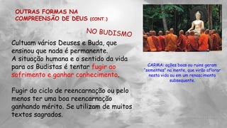 Cultuam vários Deuses e Buda, que
ensinou que nada é permanente.
A situação humana e o sentido da vida
para os Budistas é tentar fugir ao
sofrimento e ganhar conhecimento.
Fugir do ciclo de reencarnação ou pelo
menos ter uma boa reencarnação
ganhando mérito. Se utilizam de muitos
textos sagrados.
OUTRAS FORMAS NA
COMPREENSÃO DE DEUS (CONT.)
CARMA: ações boas ou ruins geram
“sementes” na mente, que virão aflorar
nesta vida ou em um renascimento
subsequente.
 