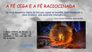 A FÉ CEGA E A FÉ RACIOCINADA
Do mais pequenino inseto às leis que regem os mundos, tudo atesta um a
ideia diretora, uma soberana inteligência.
Livro Obras Póstumas. Allan Kardec
A Sarça Ardente de Moisés, no
monte Horebe, Deus se
manifesta e fala com ele. Ela
não se queima.
 