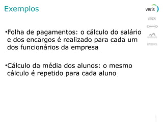 Exemplos Folha de pagamentos: o cálculo do salário e dos encargos é realizado para cada um dos funcionários da empresa Cálculo da média dos alunos: o mesmo cálculo é repetido para cada aluno 