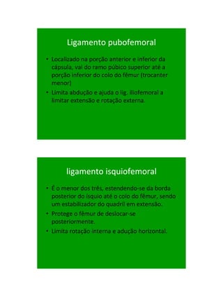 21/1/2011




       Ligamento pubofemoral
• Localizado na porção anterior e inferior da
  cápsula, vai do ramo púbico superior até a
  porção inferior do colo do fêmur (trocanter
  menor)‫‏‬
• Limita abdução e ajuda o lig. iliofemoral a
  limitar extensão e rotação externa.




       ligamento isquiofemoral
• É o menor dos três, estendendo-se da borda
  posterior do ísquio até o colo do fêmur, sendo
  um estabilizador do quadril em extensão.
• Protege o fêmur de deslocar-se
  posteriormente.
• Limita rotação interna e adução horizontal.




                                                         13
 