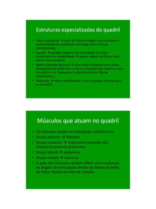 21/1/2011




  Estruturas especializadas do quadril
• Lábio acetabular  anel de fibrocartilagem que aumenta a
  profundidade do acetábulo e protege contra forças
  compressivas.
• Sucção  pressão negativa da articulação um fator
  importante na estabilidade  puxa a cabeça do fêmur para
  dentro do acetábulo
• Bolsas sinoviais (bursas)  duas delas inflamam com maior
  frequência em bailarinos: a bursa trocanteriana maior e a que
  fica entre o m. iliopsoas e a cápsula articular (Bursa
  Ilíopectínea ).
• Músculos  efeito estabilizador; mais massivos e fortes que
  os das EESS.




   Músculos que atuam no quadril
• 22 músculos atuam na articulação coxofemoral.
• Grupo anterior  flexores
• Grupo posterior  extensores (exceção dos
  rotadores externos profundos
• Grupo lateral  abdutores
• Grupo medial  adutores
• A ação dos músculos podem diferir com mudanças
  no ângulo da articulação devido ao desvio da linha
  de força relativa ao eixo de rotação.




                                                                        14
 