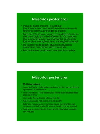 21/1/2011




             Músculos posteriores
• Incluem: glúteo máximo, isquiotibiais
  (semibremanáceo, semitendíneo e bíceps femoral),
  rotatores externos profundos do quadril;
• Todos os três grupos cruzam o o quadril posterior ao
  eixo de rotação para flexão/extensão. Os rotatores
  têm sua linha de ação mais horizontal, sendo mais
  funcionais em rotação externa e abdução horizontal.
• Os extensores do quadril atuam em atividades
  propulsivas, tais como o salto e a corrida.
• Posturalmente, produzem a retroversão da pélvis.




             Músculos posteriores
• M. Glúteo máximo
• Inserção Medial: Linha glútea posterior do íleo, sacro, cóccix e
  ligamento sacrotuberoso
• Inserção Lateral: Trato íleotibial da fáscia lata e tuberosidade
  glútea do fêmur
• Inervação: Nervo Glúteo Inferior (L5 - S2)‫‏‬
• Ação: Extensão e rotação lateral do quadril
• Extensor mais potente; importante para movimentos que
  requeram muita força (subir escada, ladeira, correr e pular)‫‏‬
• Devido a sua inserção distal no trato iliotibial ele é sinergista
  em abdução




                                                                            18
 