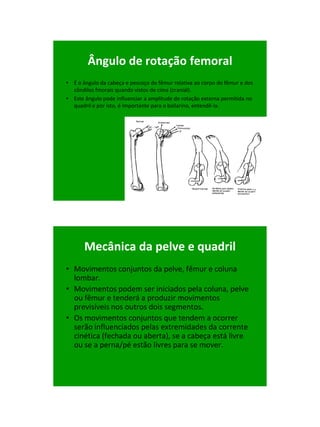 21/1/2011




        Ângulo de rotação femoral
• É o ângulo da cabeça e pescoço do fêmur relativa ao corpo do fêmur e dos
  côndilos fmorais quando vistos de cima (cranial).
• Este ângulo pode influenciar a amplitude de rotação externa permitida no
  quadril e por isto, é importante para o bailarino, entendê-la.




       Mecânica da pelve e quadril
• Movimentos conjuntos da pelve, fêmur e coluna
  lombar.
• Movimentos podem ser iniciados pela coluna, pelve
  ou fêmur e tenderá a produzir movimentos
  previsíveis nos outros dois segmentos.
• Os movimentos conjuntos que tendem a ocorrer
  serão influenciados pelas extremidades da corrente
  cinética (fechada ou aberta), se a cabeça está livre
  ou se a perna/pé estão livres para se mover.




                                                                                   33
 