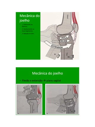 21/1/2011




Mecânica do
joelho
•   1. Rolamento ou
    Balanço;
•   2. Deslizamento ou
    Escorregamento;
•   3. Rotação ou Giro.




                   Mecânica do joelho
• Flexão e extensão  plano sagital




                                              54
 