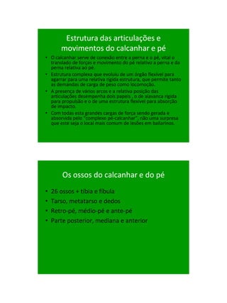 21/1/2011




        Estrutura das articulações e
       movimentos do calcanhar e pé
• O calcanhar serve de conexão entre a perna e o pé, vital o
  translado de forças e movimento do pé relativo a perna e da
  perna relativa ao pé.
• Estrutura complexa que evoluiu de um órgão flexível para
  agarrar para uma relativa rígida estrutura, que permite tanto
  as demandas de carga de peso como locomoção.
• A presença de vários arcos e a relativa posição das
  articulações desempenha dois papeis , o de alavanca rígida
  para propulsão e o de uma estrutura flexível para absorção
  de impacto.
• Com todas esta grandes cargas de força sendo gerada e
  absorvida pelo “complexo pé-calcanhar”, não uma surpresa
  que este seja o local mais comum de lesões em bailarinos.




        Os ossos do calcanhar e do pé
•   26 ossos + tíbia e fíbula
•   Tarso, metatarso e dedos
•   Retro-pé, médio-pé e ante-pé
•   Parte posterior, mediana e anterior




                                                                        67
 
