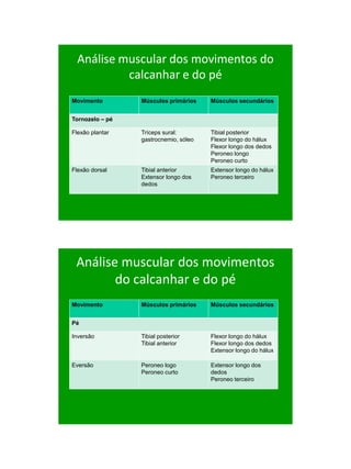 21/1/2011




  Análise muscular dos movimentos do
           calcanhar e do pé
Movimento        Músculos primários    Músculos secundários


Tornozelo – pé

Flexão plantar   Tríceps sural:        Tibial posterior
                 gastrocnemio, sóleo   Flexor longo do hálux
                                       Flexor longo dos dedos
                                       Peroneo longo
                                       Peroneo curto
Flexão dorsal    Tibial anterior       Extensor longo do hálux
                 Extensor longo dos    Peroneo terceiro
                 dedos




 Análise muscular dos movimentos
        do calcanhar e do pé
Movimento        Músculos primários    Músculos secundários


Pé

Inversão         Tibial posterior      Flexor longo do hálux
                 Tibial anterior       Flexor longo dos dedos
                                       Extensor longo do hálux

Eversão          Peroneo logo          Extensor longo dos
                 Peroneo curto         dedos
                                       Peroneo terceiro




                                                                       95
 